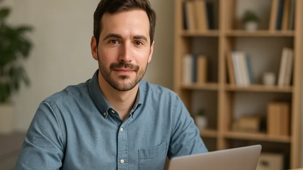 Portrait de Julien, rédacteur du site, assis au bureau